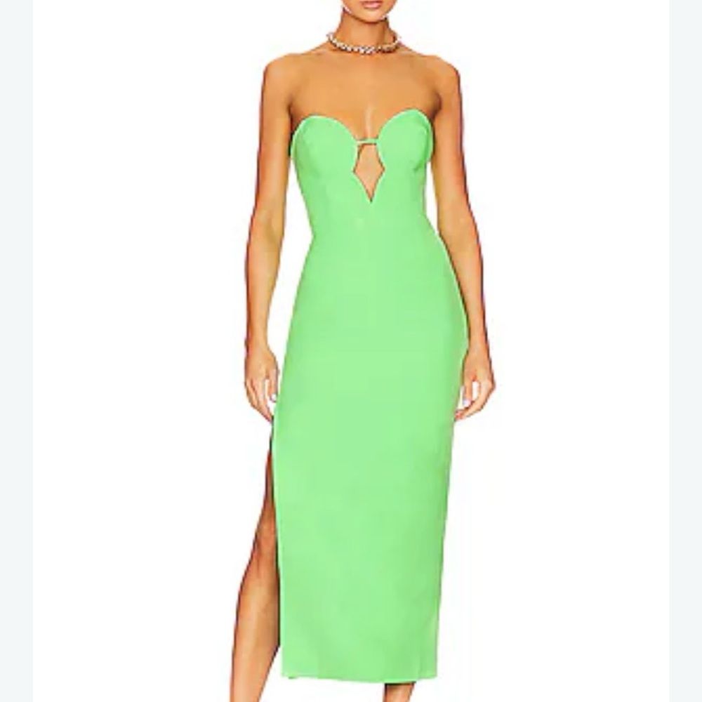 Bardot Neon Green Strapless Midi Dress with Sweetheart Cutout